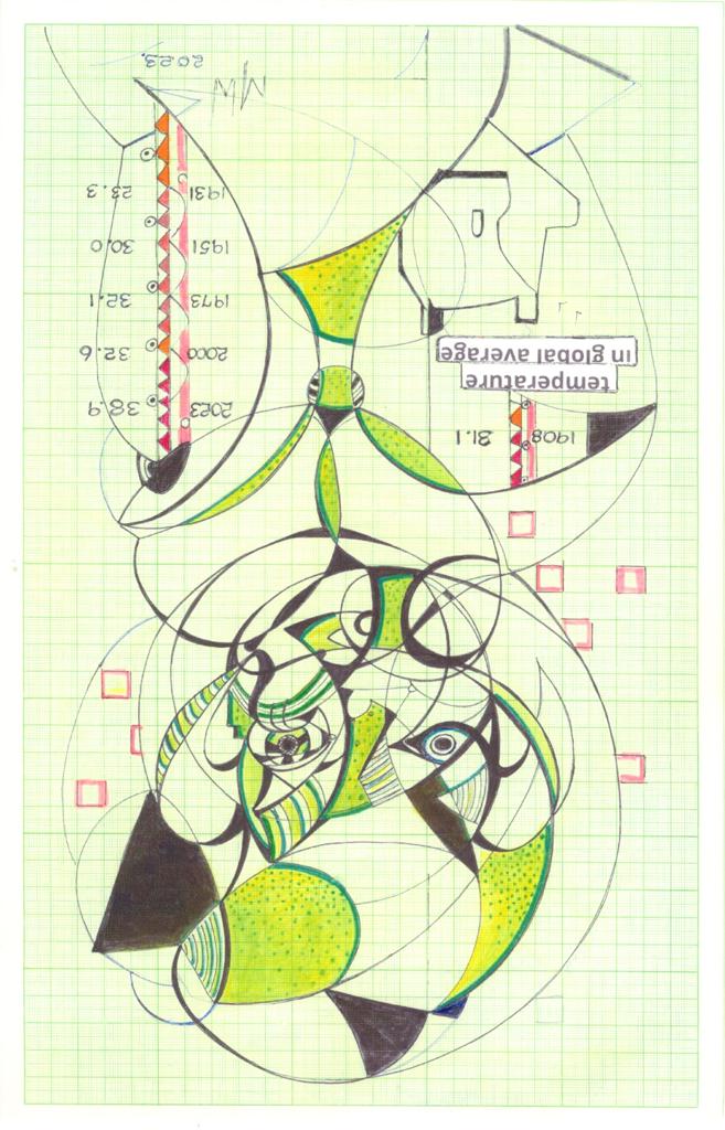 A drawing in ink on graph paper of an abstract face in black and green