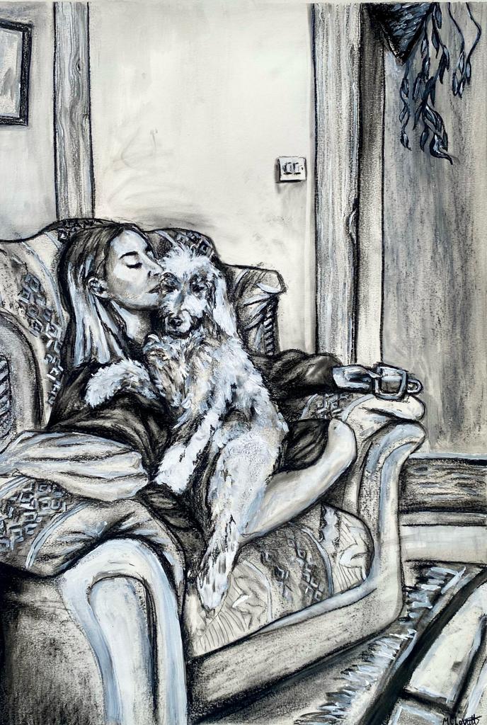 charcoal and acrylic drawing of a woman sat on a sofa holding a mug with a dog sat on her knee.