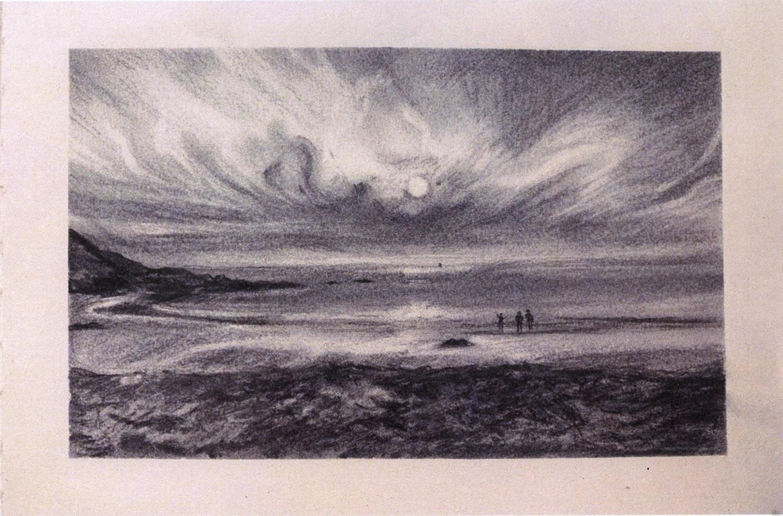 Landscape drawing of the sun setting on a beach with three figures near the water  