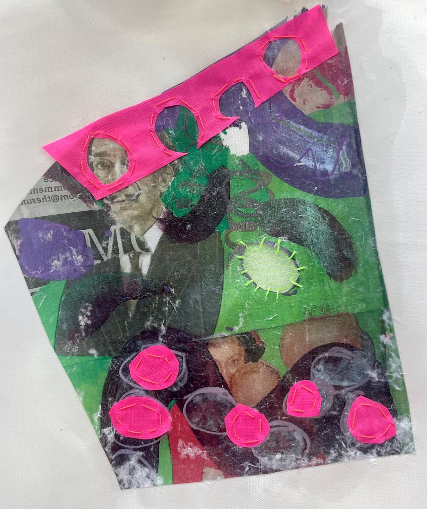 A fabric, thread and image transfer in pink, green and purple of a newspaper cutting of a man