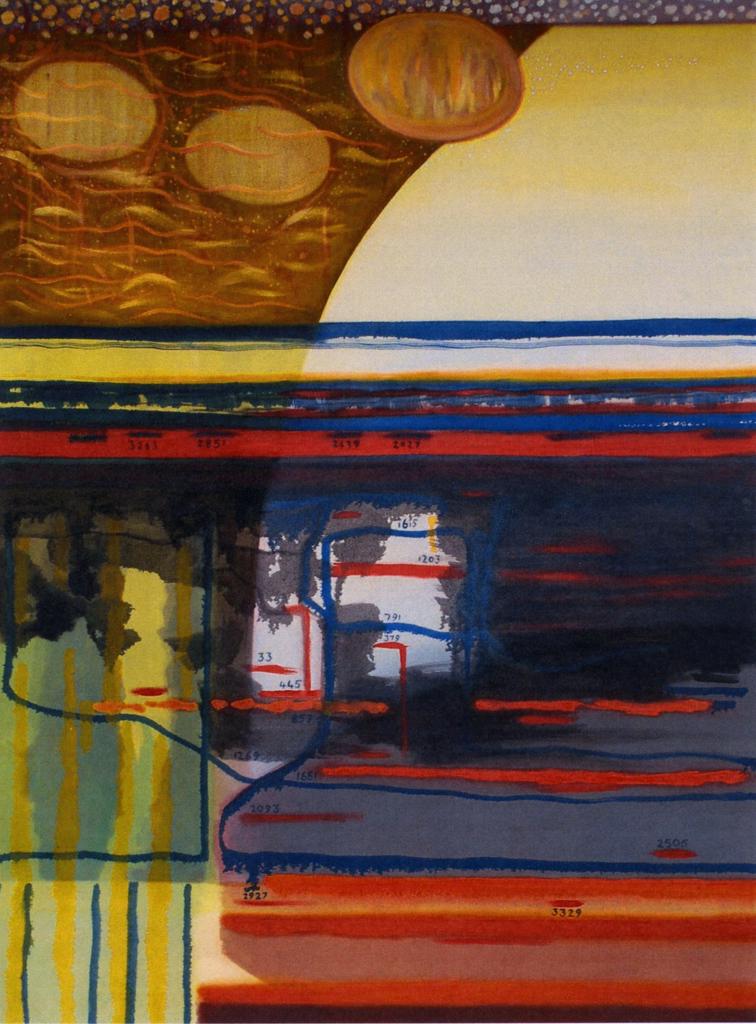 Oil on Canvas squares and lines in yellow, red and blue.