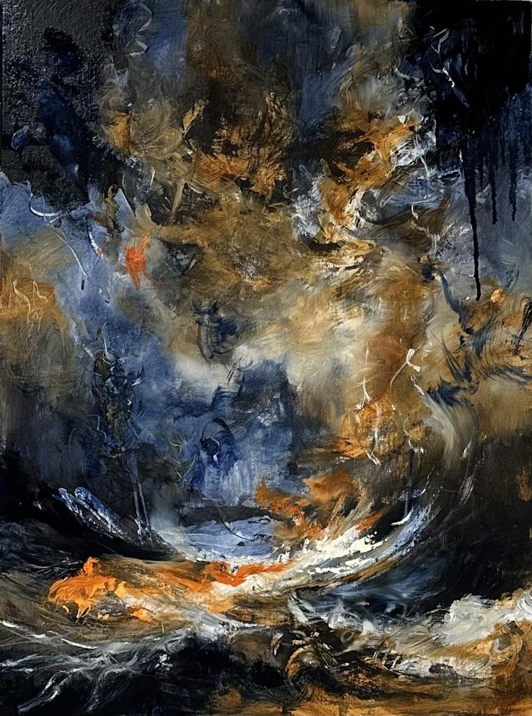 abstract painting of blue, orange and yellow swirls