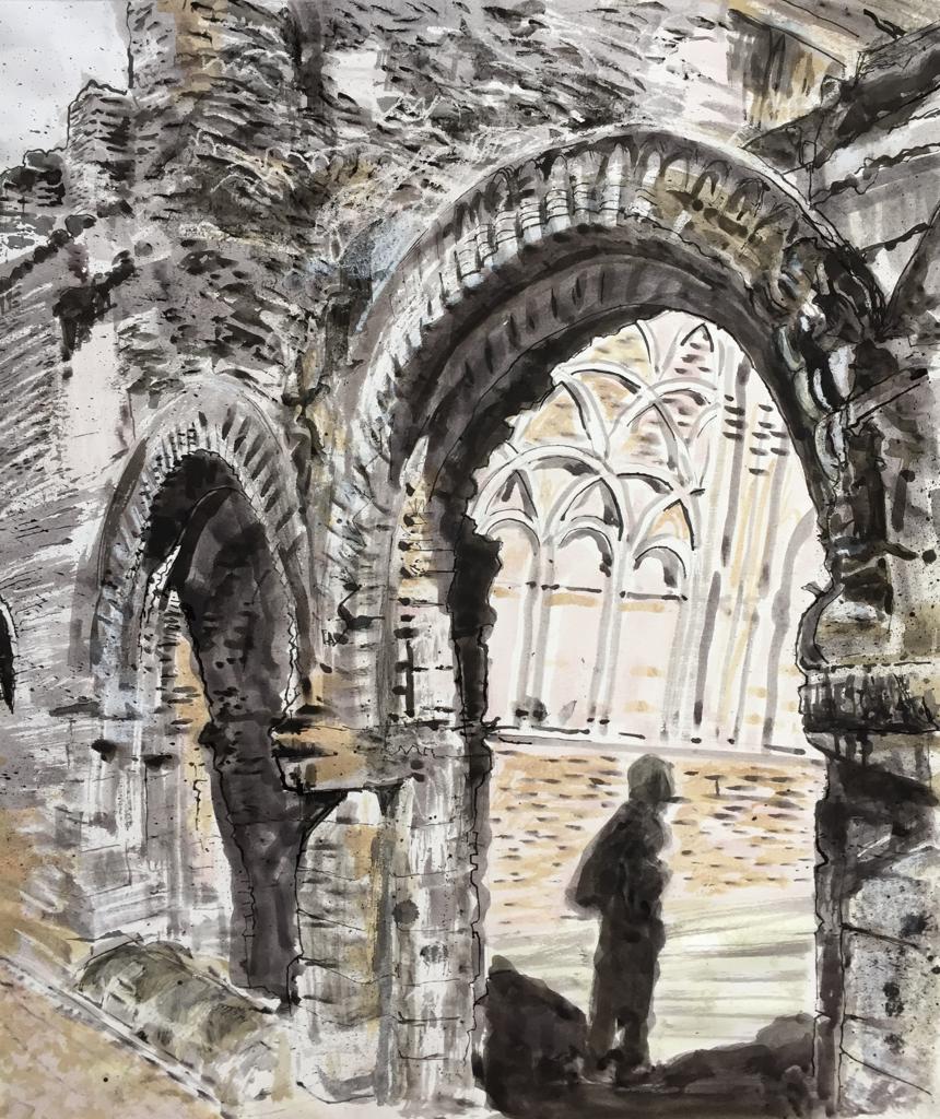 a black figure standing underneath a stone arch