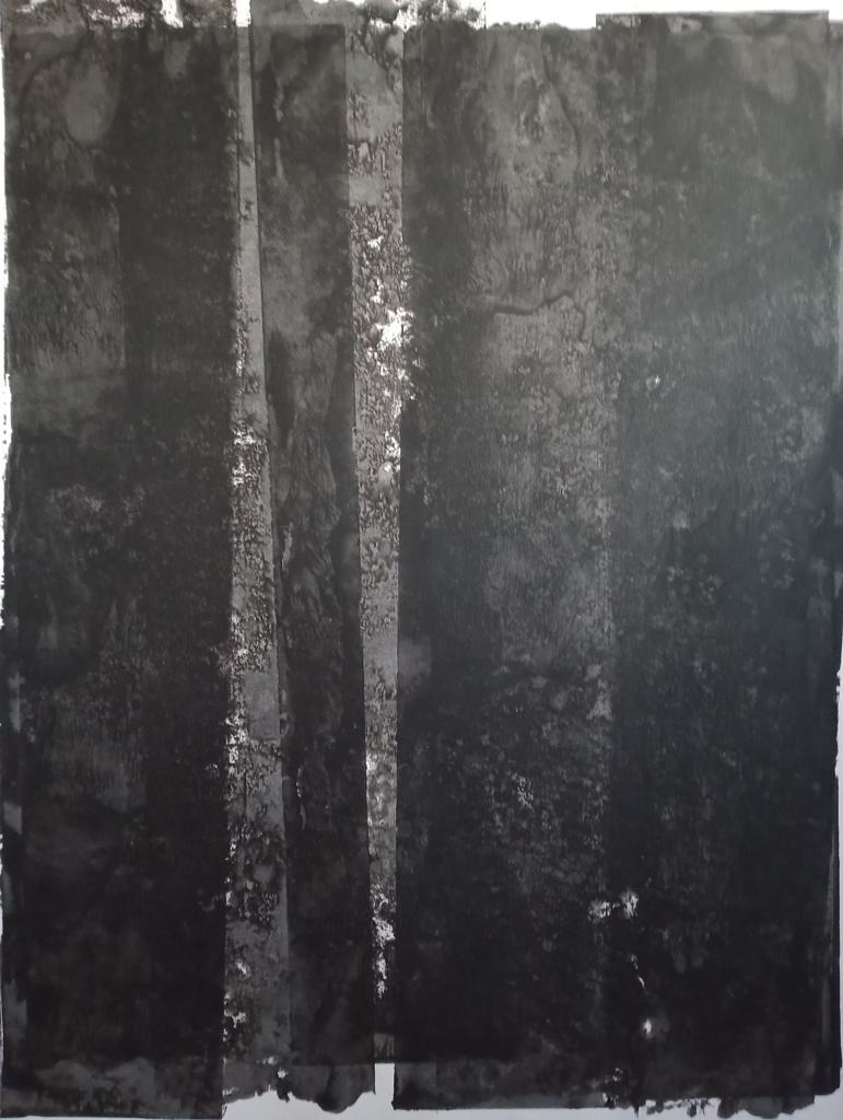 an ink drawing showing stripes of darkness and some light beams shining down.