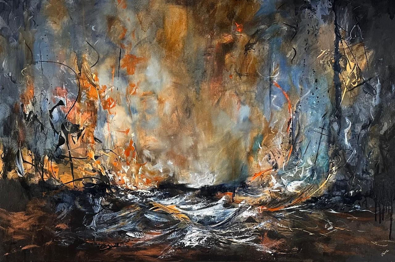 an abstract painting of a stormy sea with fiery skies