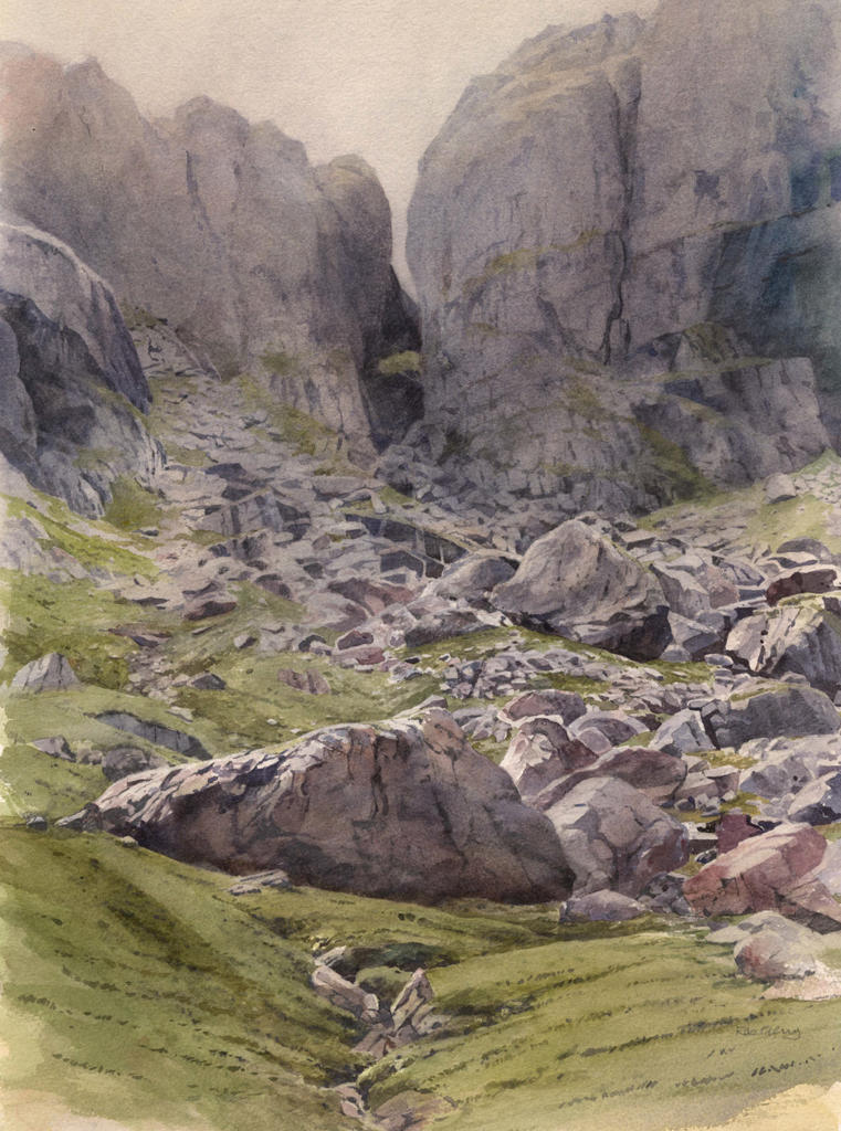 painting of a rocky foot of a mountain with some green grass