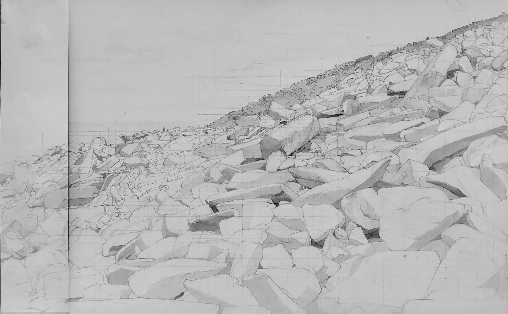 a close up drawing of loose rocks on a mountain