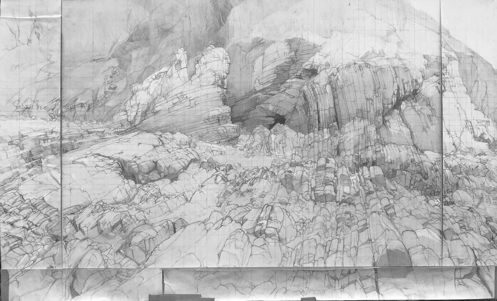 a very detailed drawing of a rocky mountainside