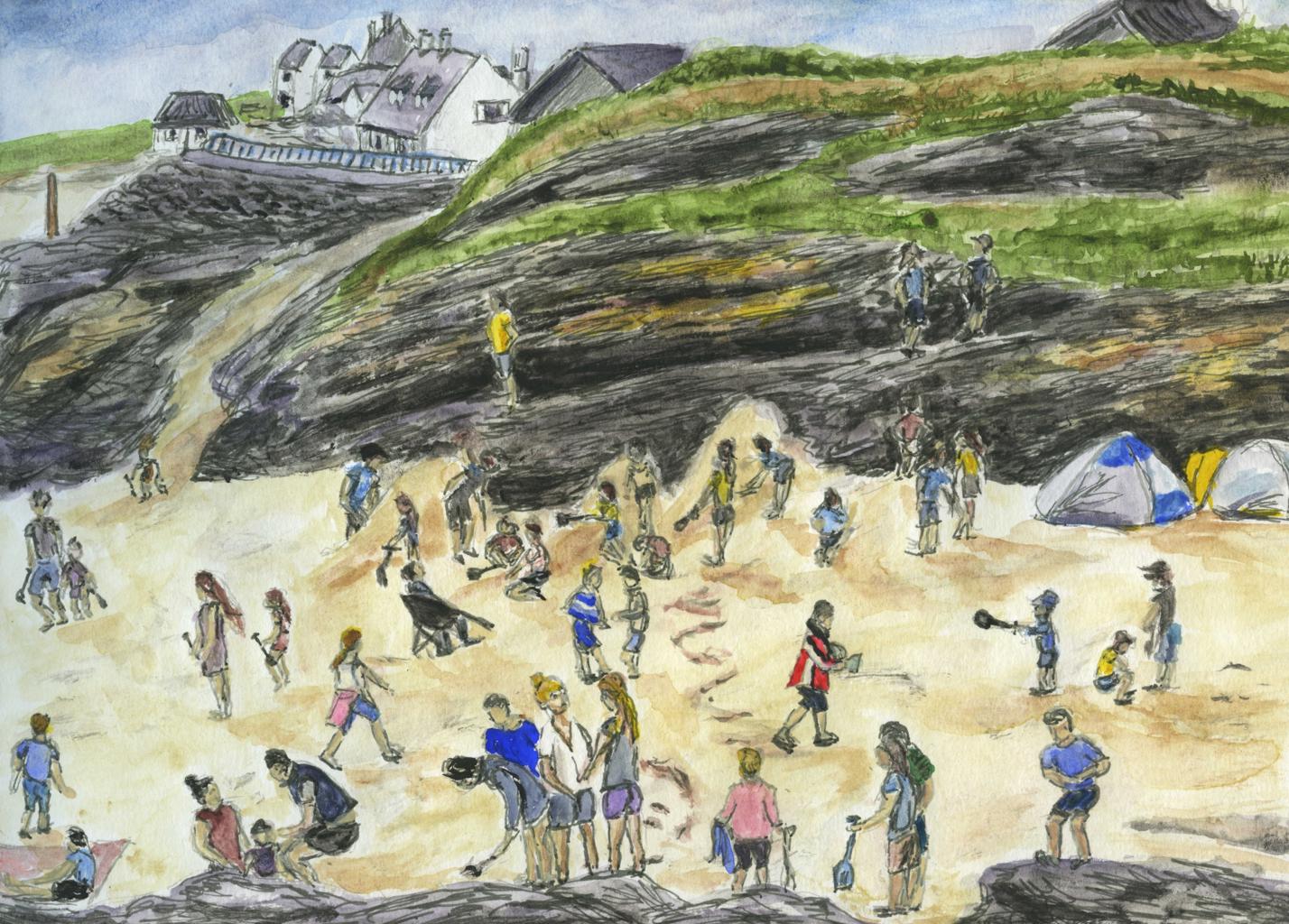a drawing of a sandy beach with lots of people building sandcastles, tents and a cliff in the background 