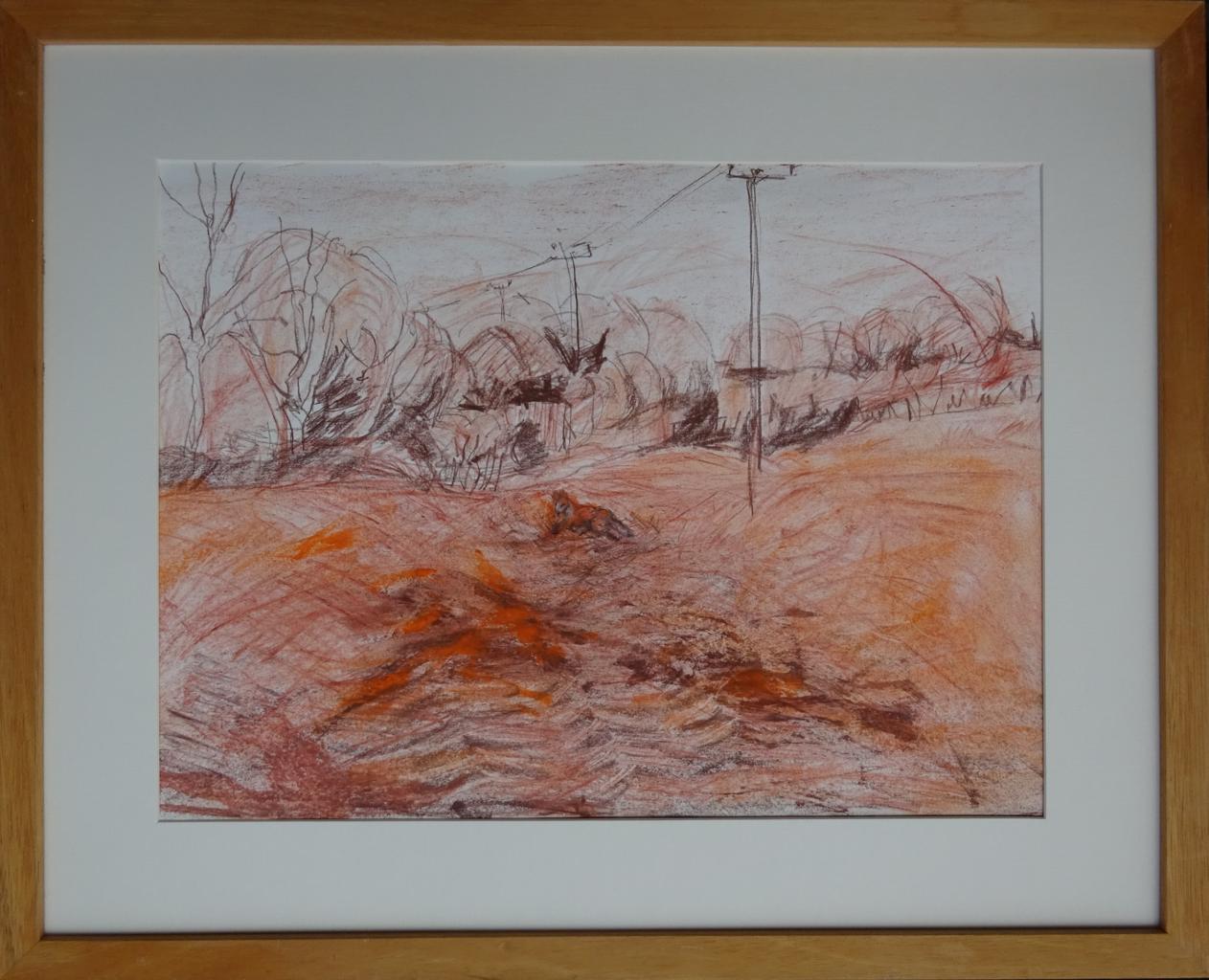 An orange drawing of a fox running through a field with trees in the background