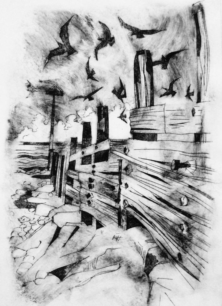 Drypoint etching of cracked stone floor and a broken wooden fence.
