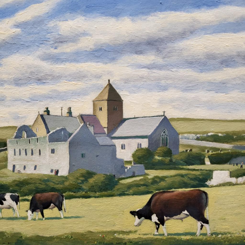 Painting of Penmon with cows in the field.