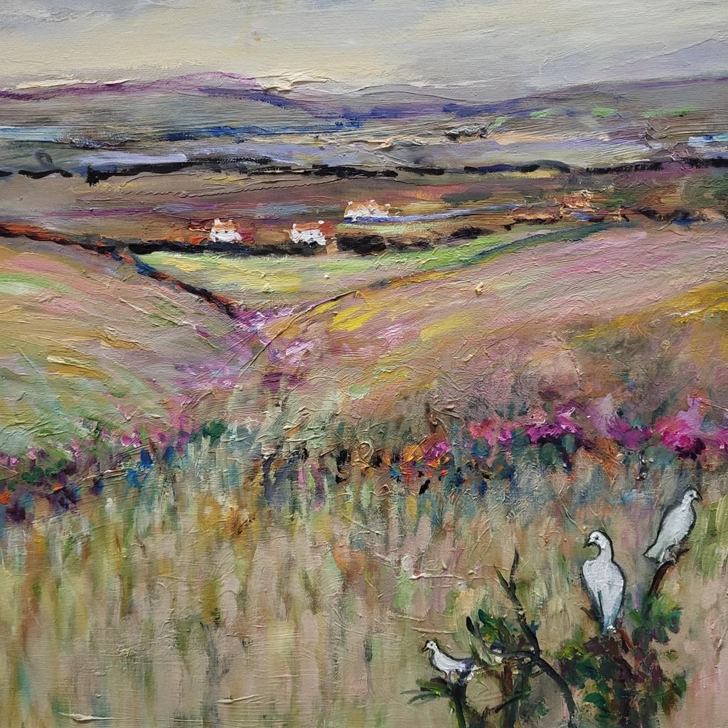 A painting of fields with three doves sitting on branches at the front