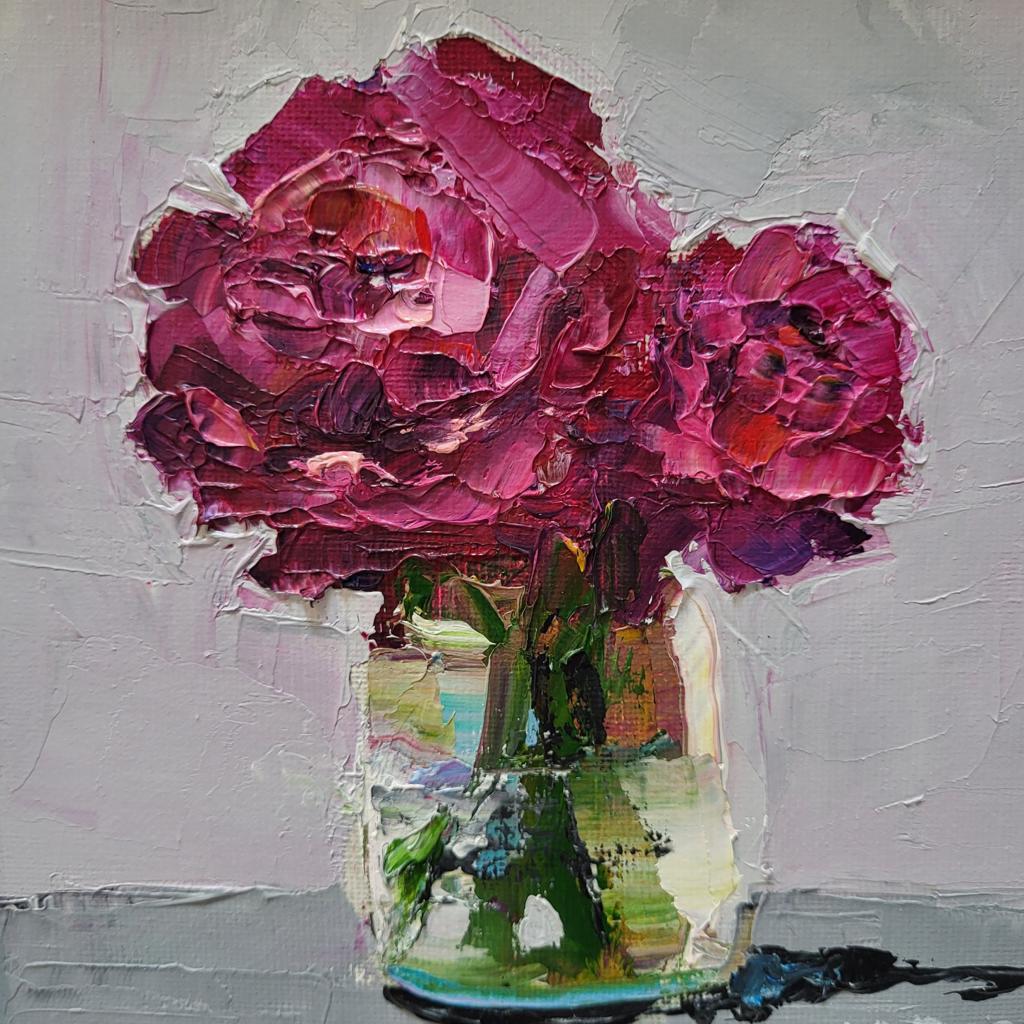 A painting of beautiful pink flowers sitting in a vase