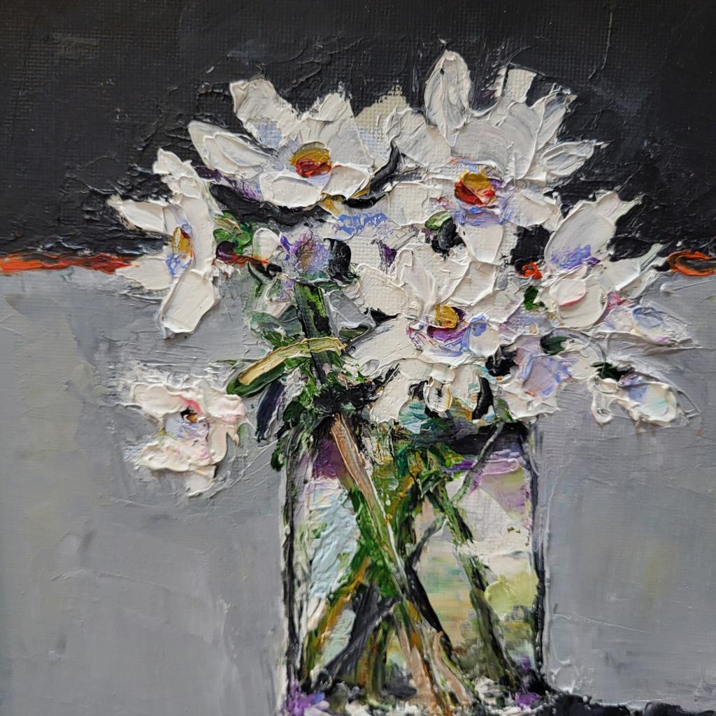 A painting of white flowers in a vase