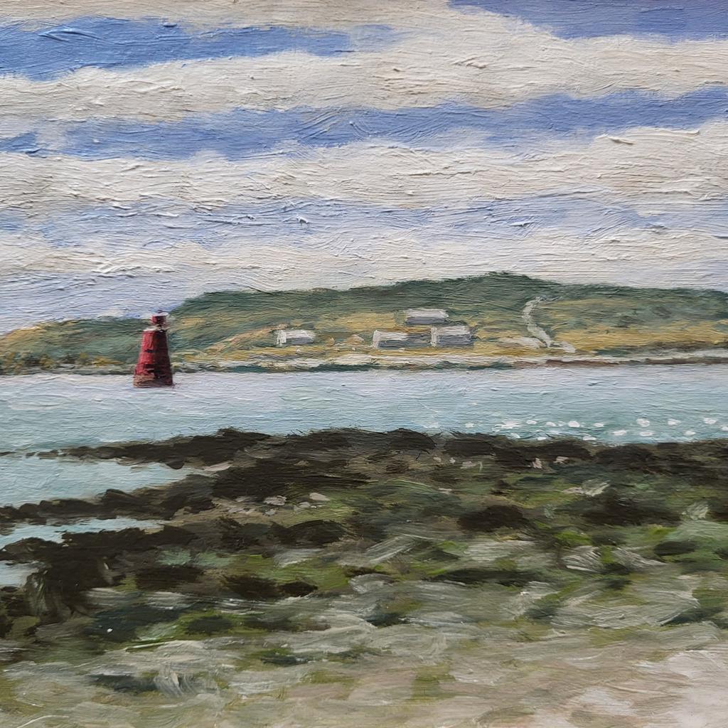 A painting of Anglesey in the distance with the sea and land at the front