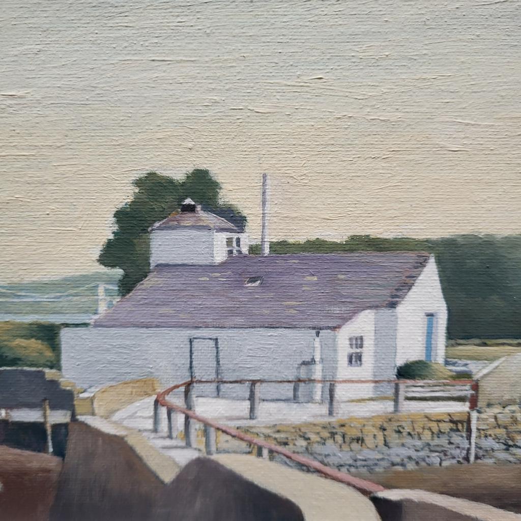 A painting of a white building overlooking the straights
