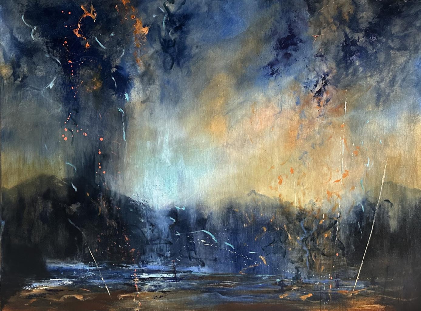 Abstract painting of deep blue sea with mountains and a deep yellow, orange sky