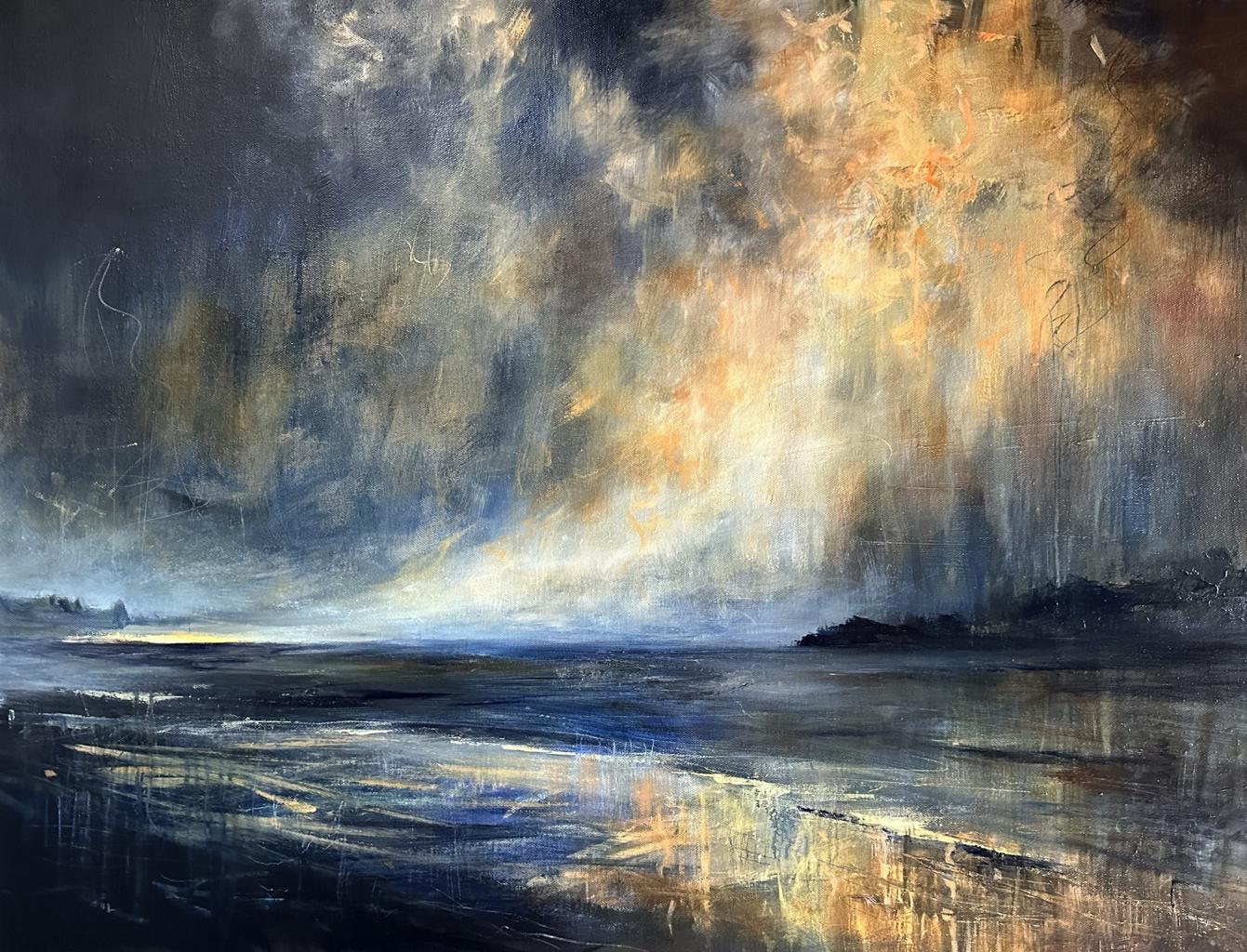 A grey, dark blue and yellow painting of wetland with a large sky