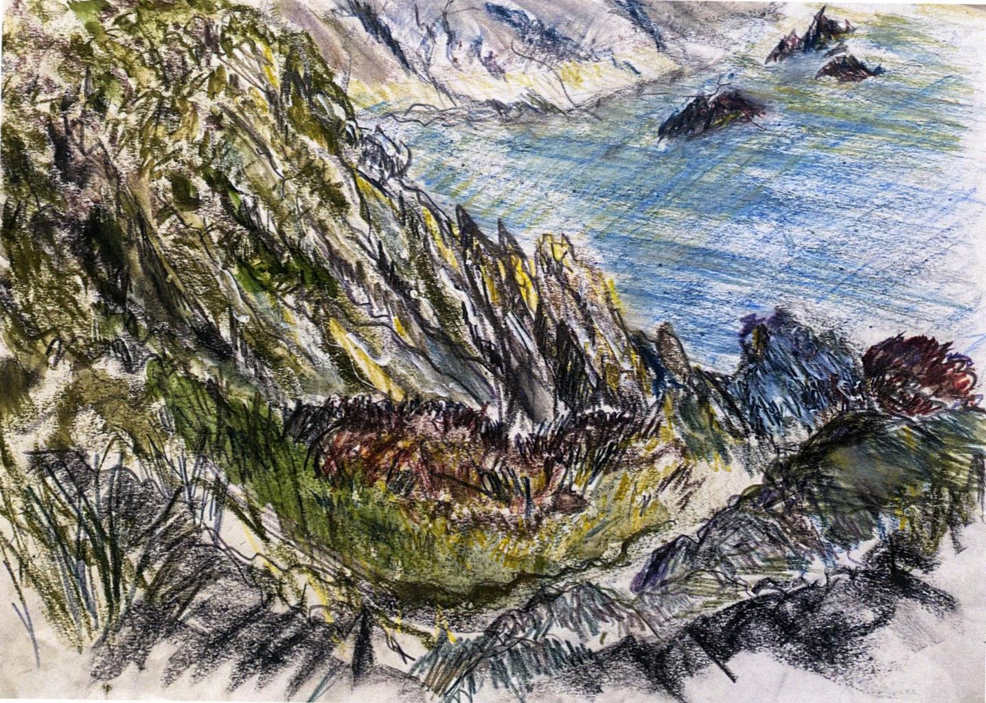a birds eye view drawing of Llaneilian beach overseeing the rocks and sea