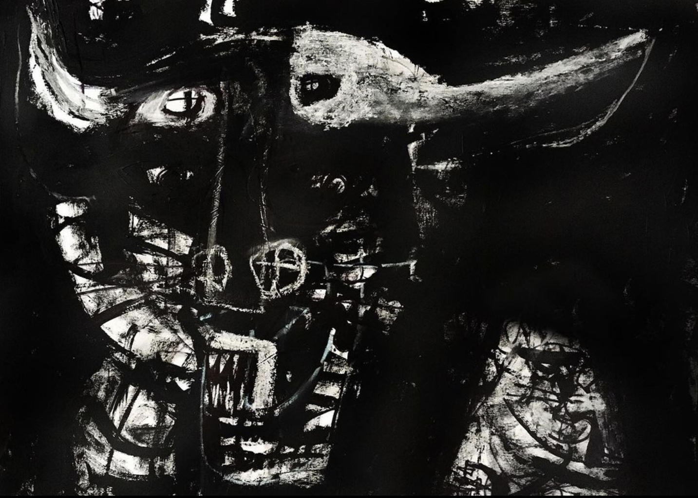 a very gothic like dark drawing using symmetry creating a dark character with horns and sharp teeth