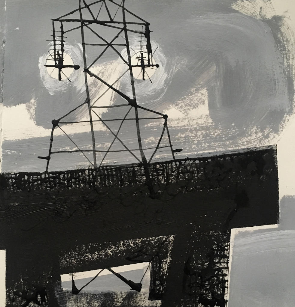 a drawing of a mast in a distance with a black building in front