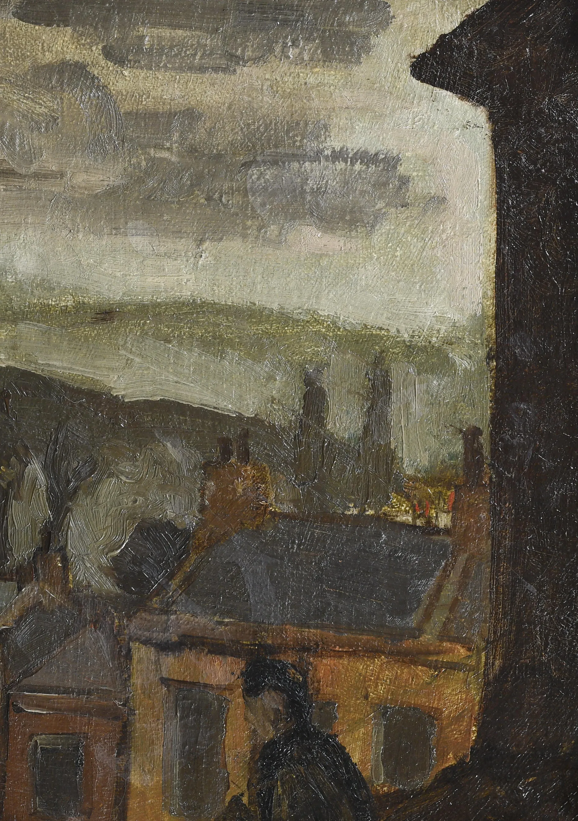 oil painting by the late John Ricks, a man walking past a window with buildings in the background.