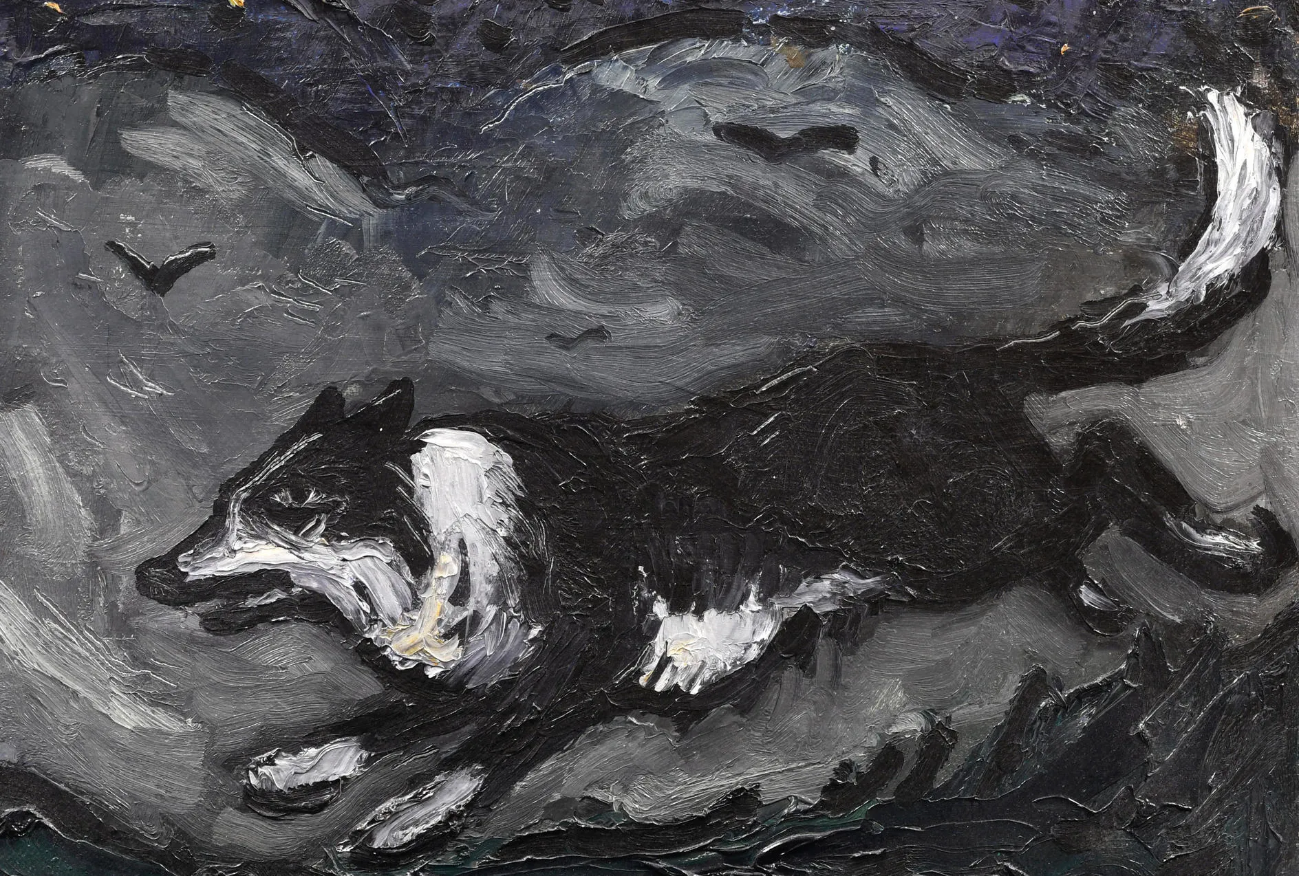 a sheepdog oil painting by Kyffin Williams on the reverse of John Ricks painting.