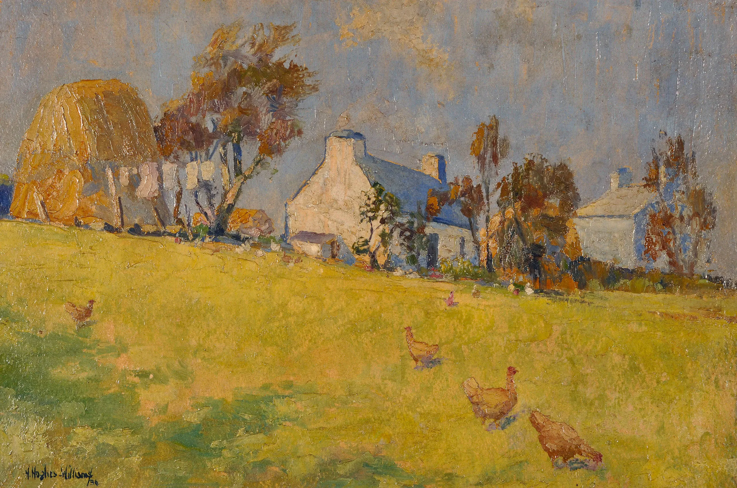 Painting of a group of cottages in farmland with poultry in the foreground