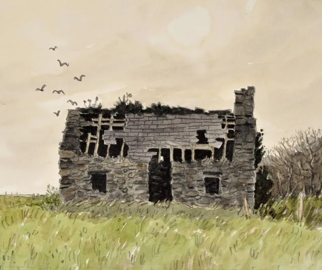 Artwork of the ruins of a cottage