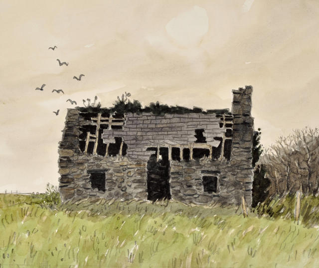 Darlun o adfeilion bwthyn
