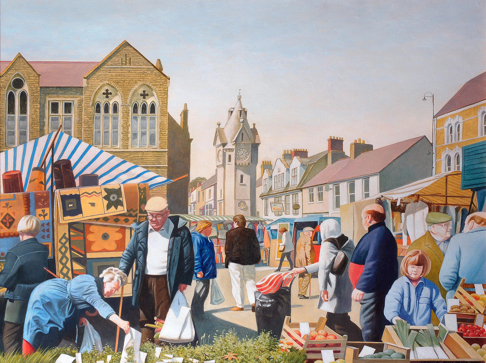 Darlun o bobl yn crwydro marchnad Llangefni