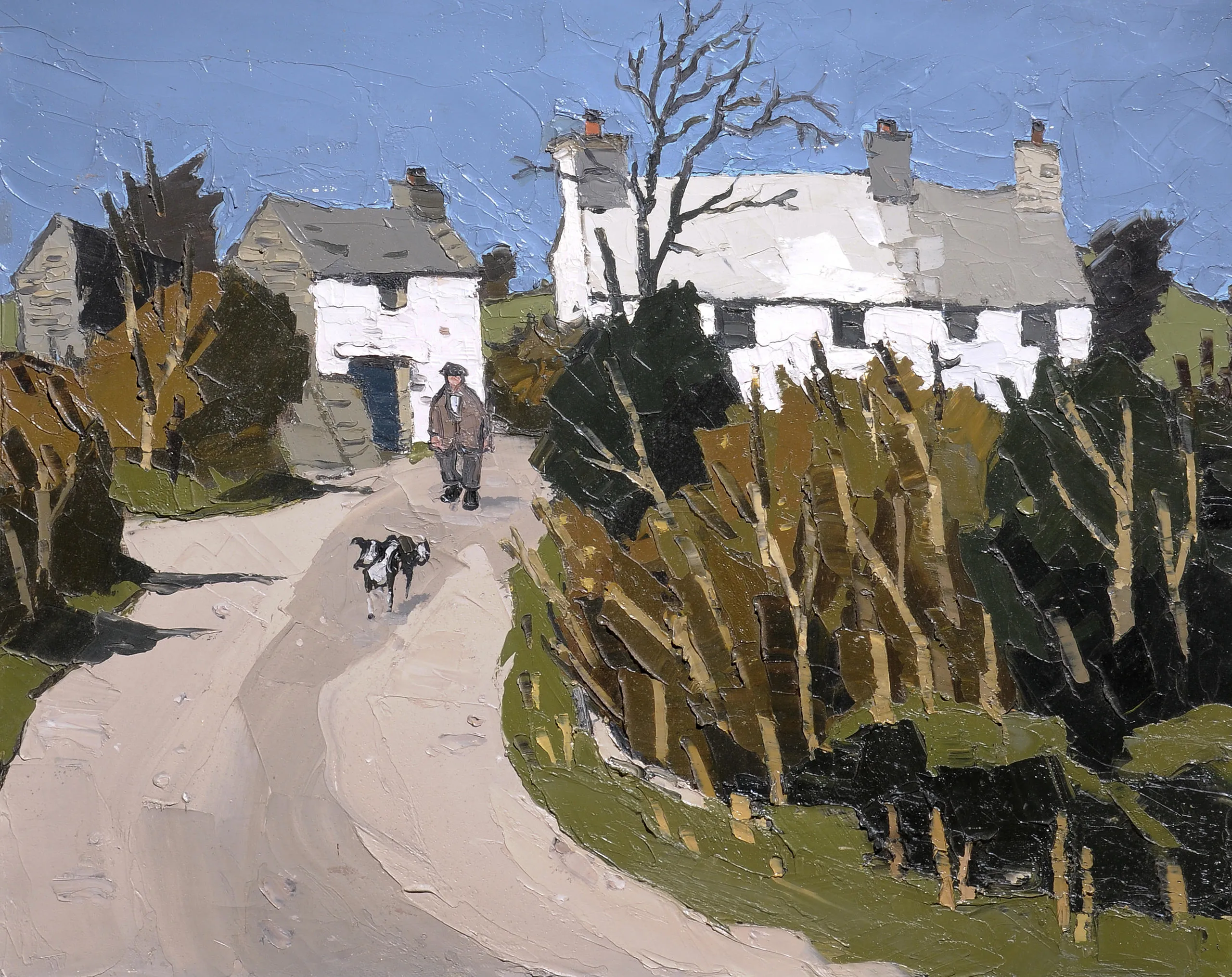 A painting of a man walking his dog down a lane away from a cottage.