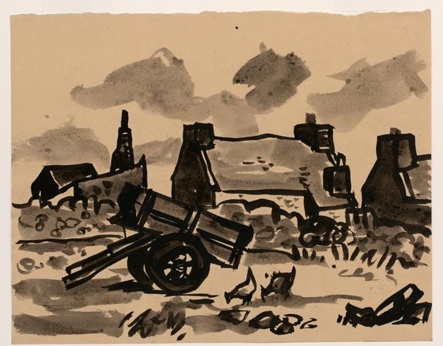an ink drawing of a cottage with a cart at the front and chickens.