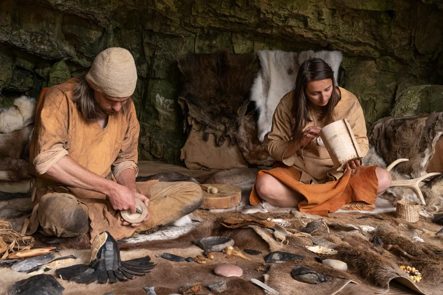 Dr James Dilley and Emma reenact ancient craft skills.