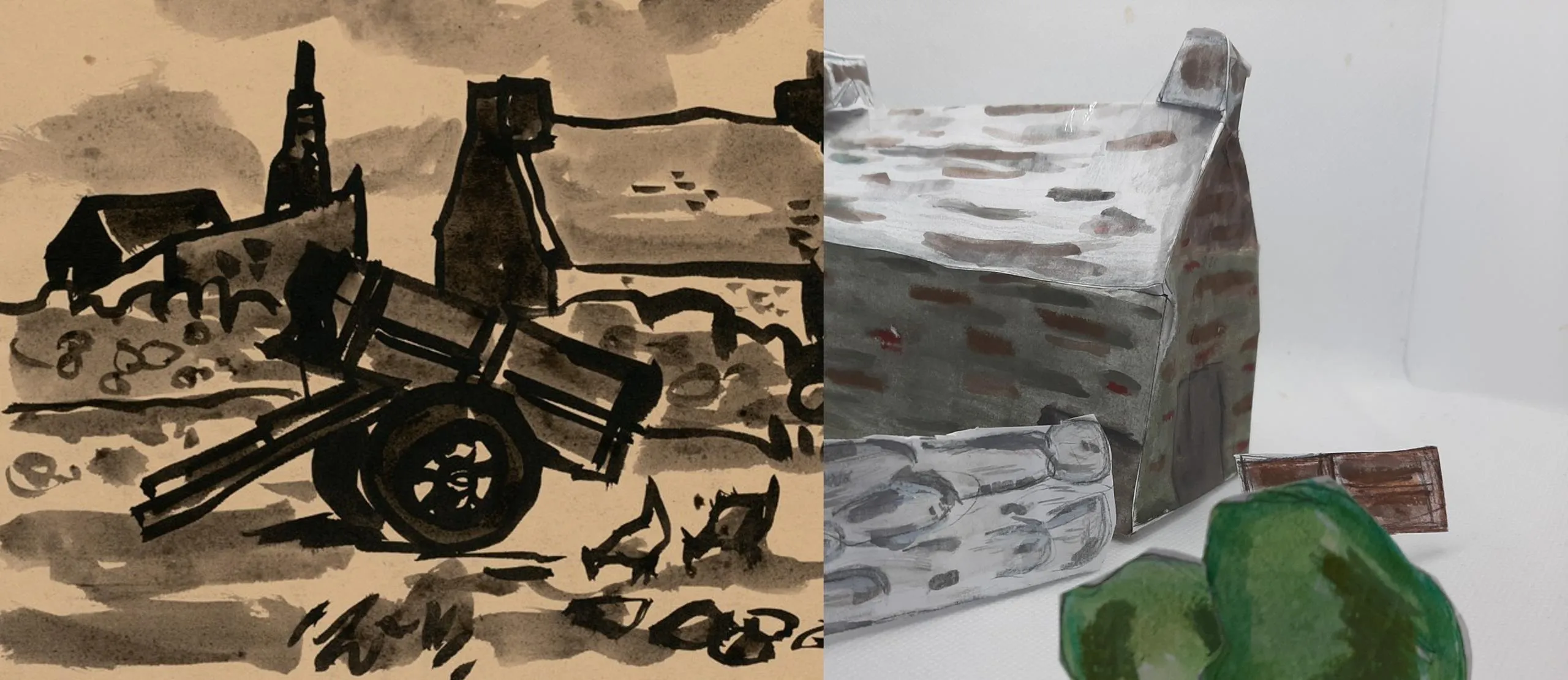 a painting of a cottage my Kyffin Williams merged in to a 3D paper model made by a student on work experience