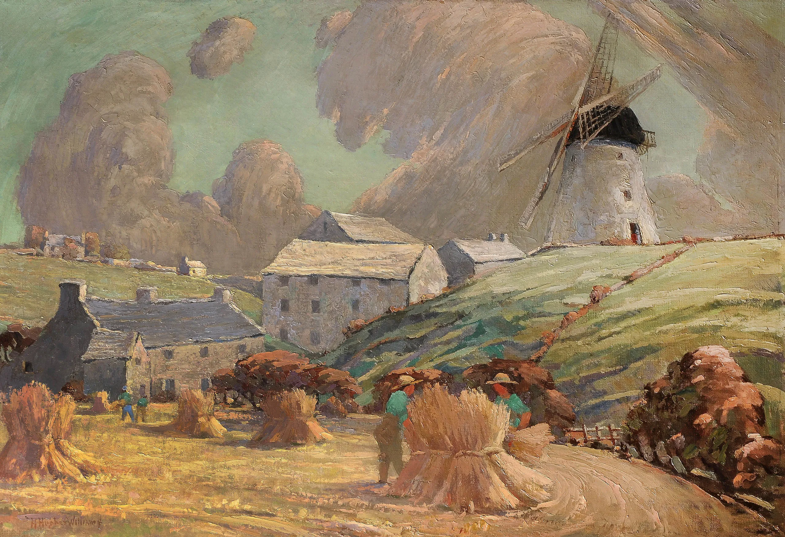 A painting of a windmill in Llanerch-y-medd by Harry Hughes Williams.
