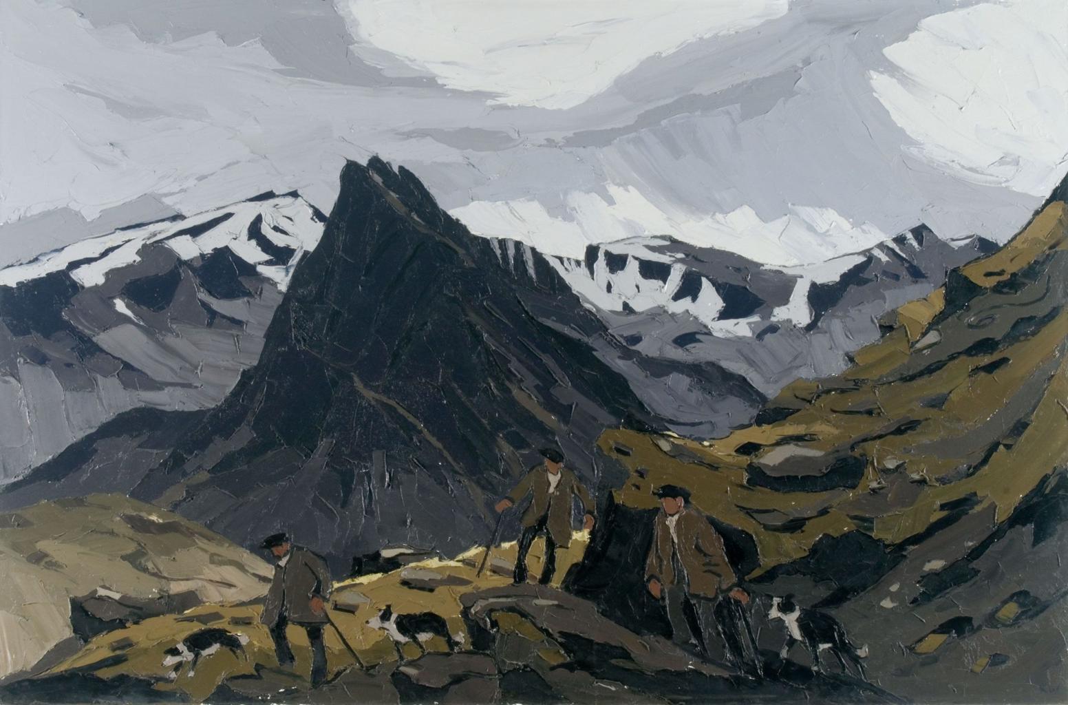 Tirwedd fynyddig lwyd a gwyrddlas gyda thri bugail