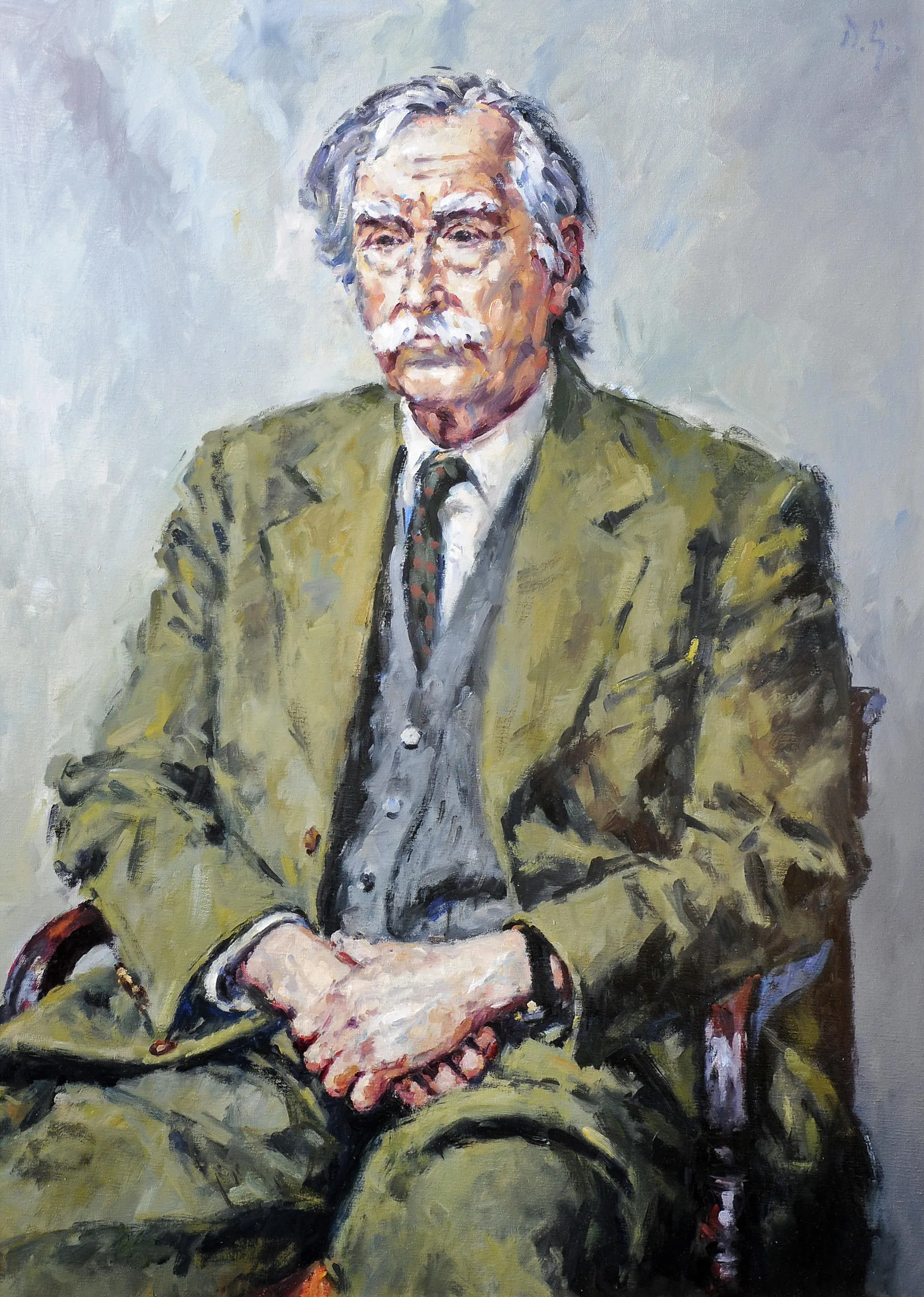 A painting of Sir Kyffin Williams sat in a chair.