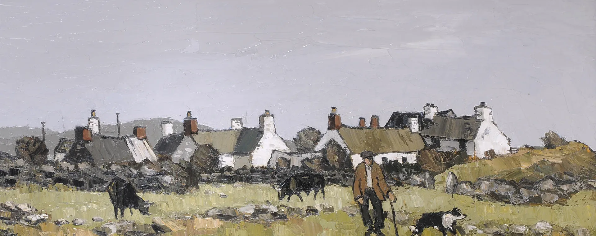 painting of houses in Llanddona and a farmer standing in a field with cows and a sheep dog, painted in 1957