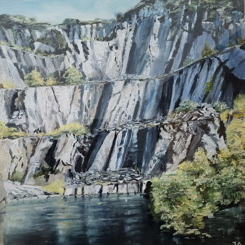 a painting of the side of a mountain with a lake at the bottom