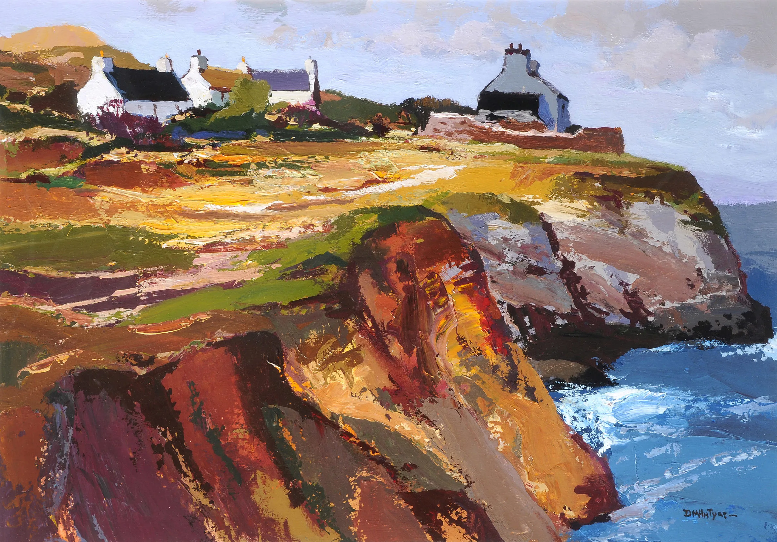 Cottages on the cliff painted by Donald McIntyre