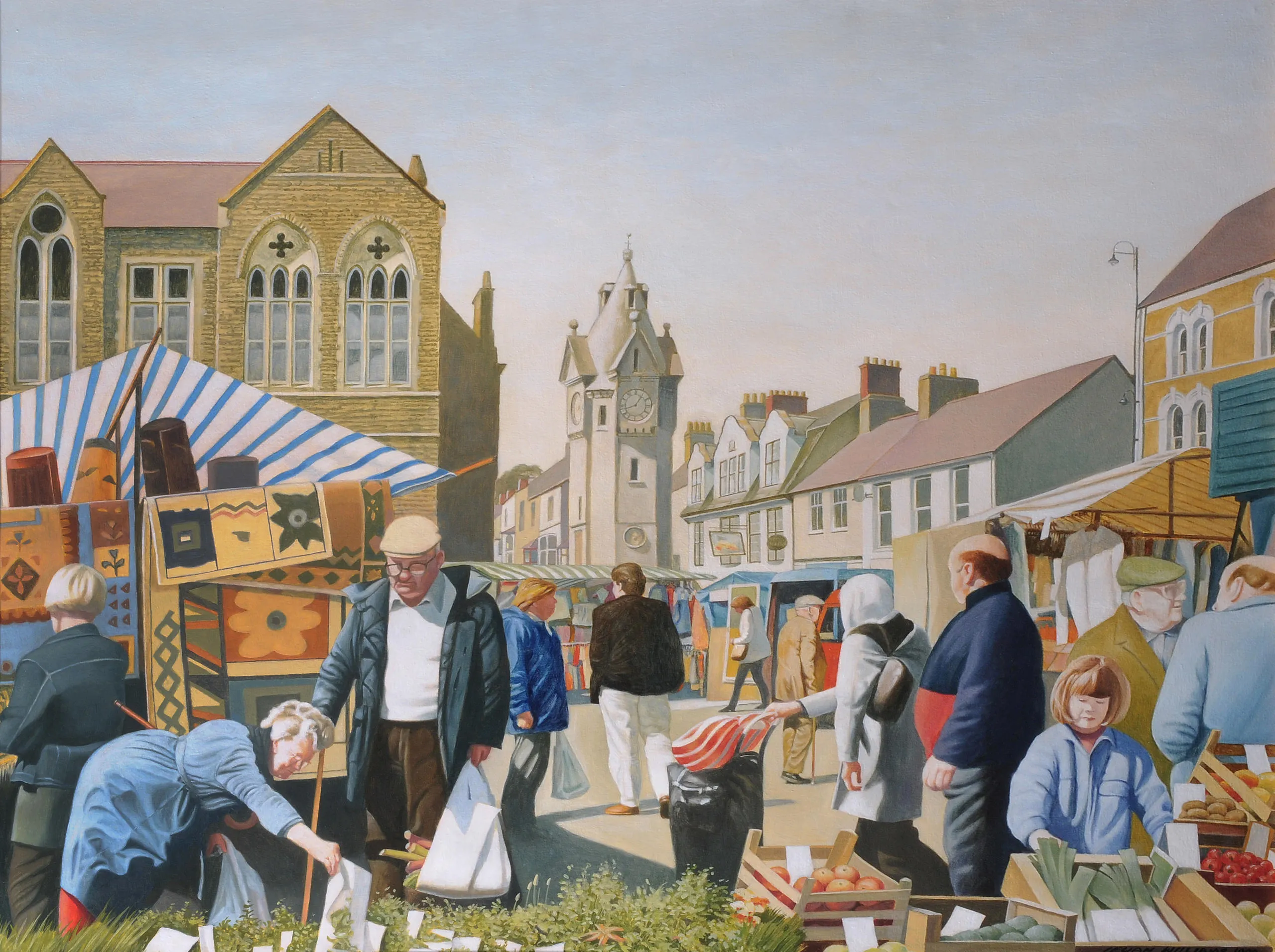 A painting of people shopping at Llangefni market.