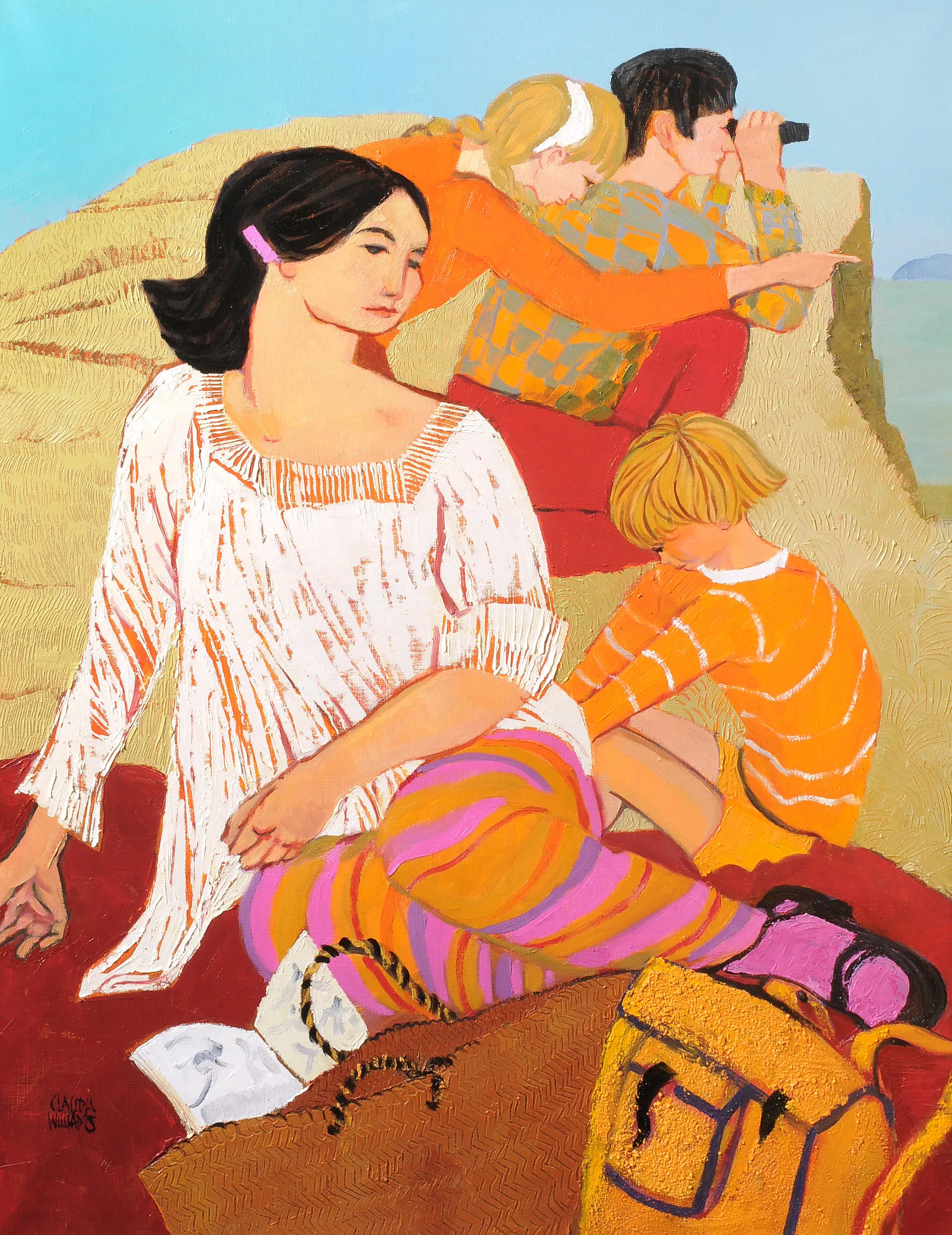 A painitng of a woman sat on a blanket, a child playing and two people looking through binoculars.