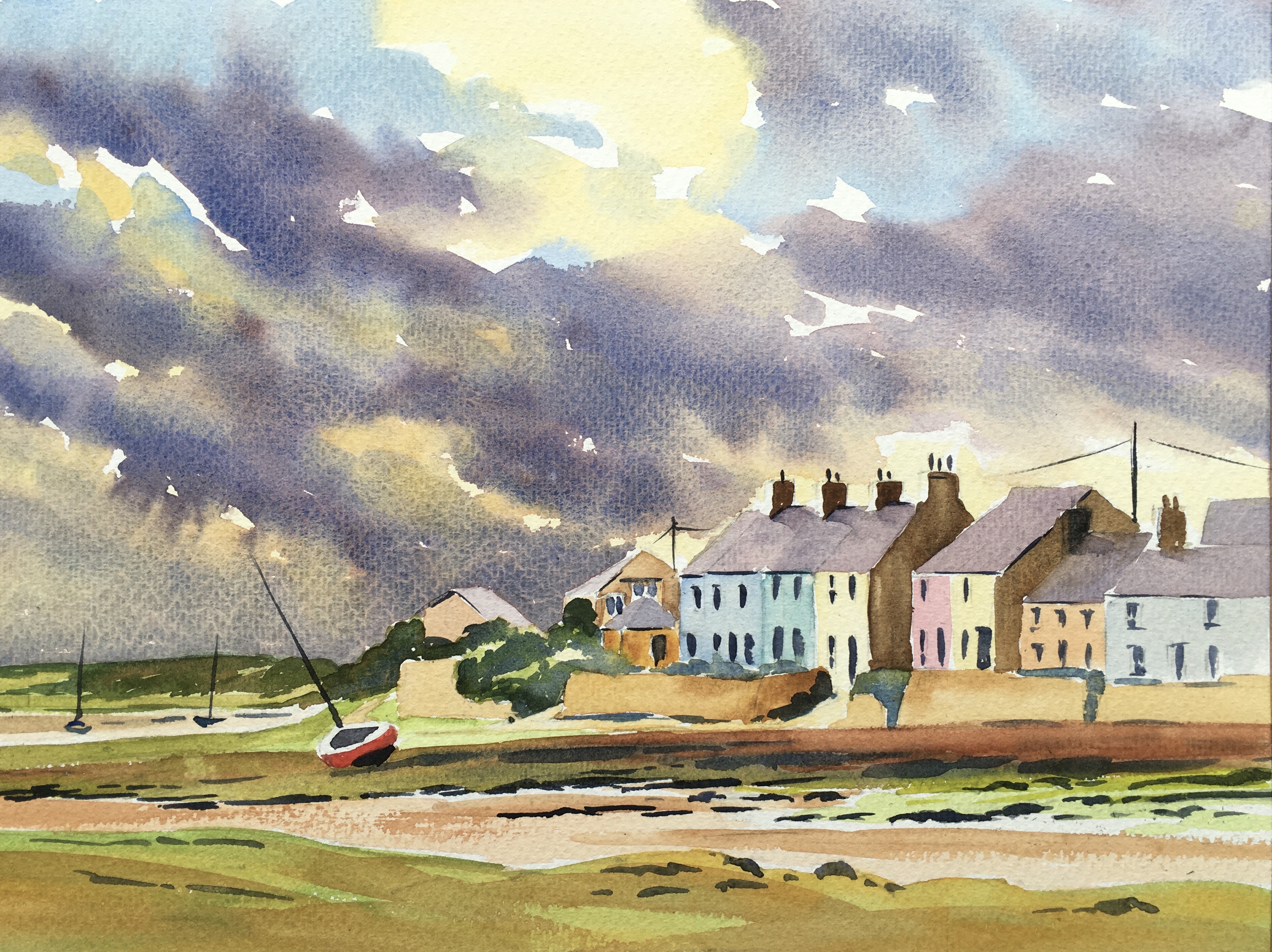 a painting of Aberffraw with rain clouds