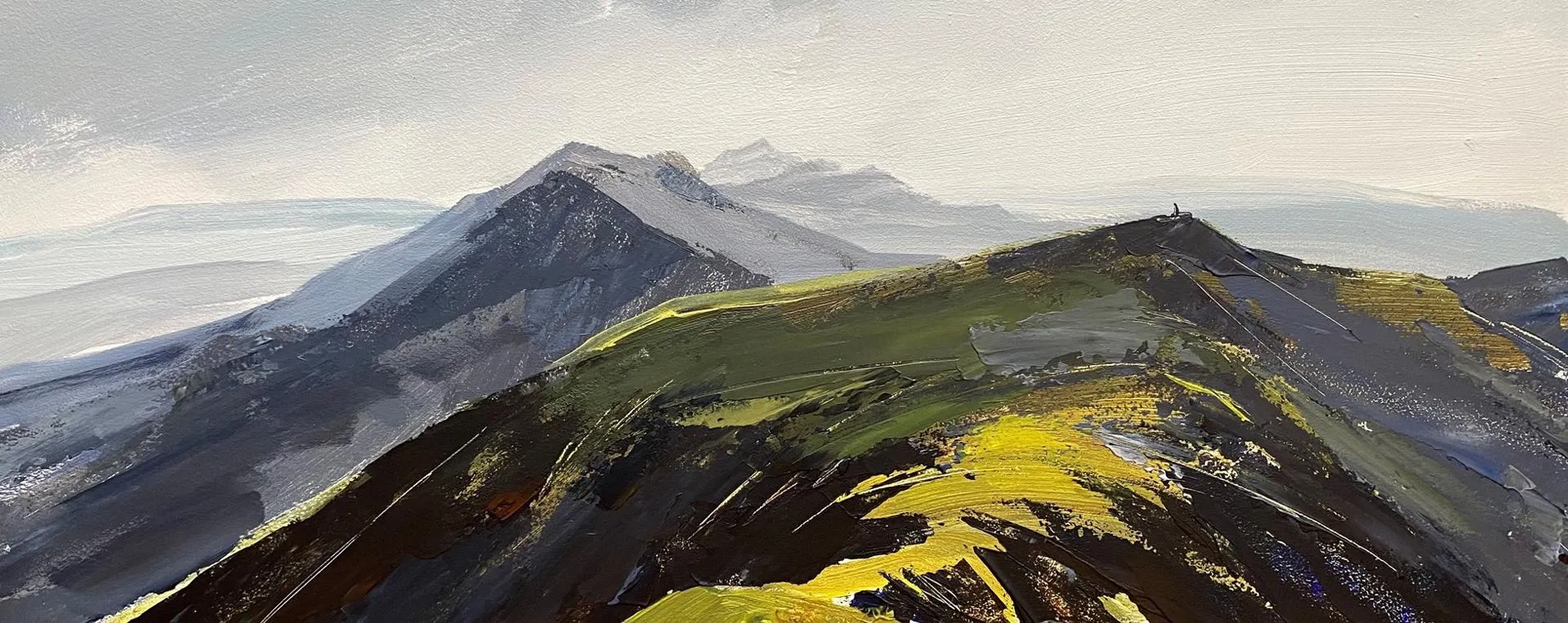 a painting of two mountains, one in the back a dark grey colour and the other with golden elements to the top