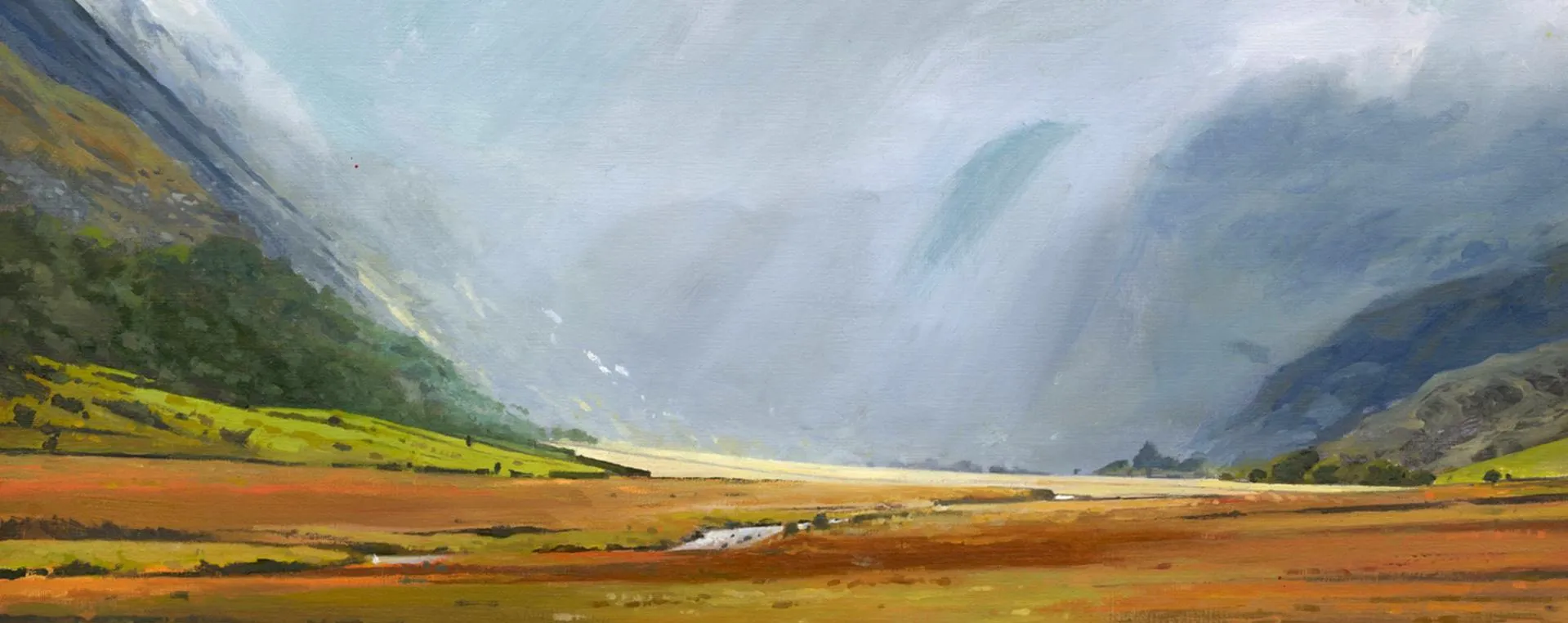 Landscape painting of fields and mountains