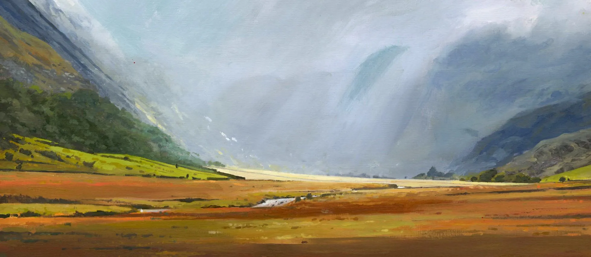 Landscape painting of fields and mountains around Nant Ffrancon