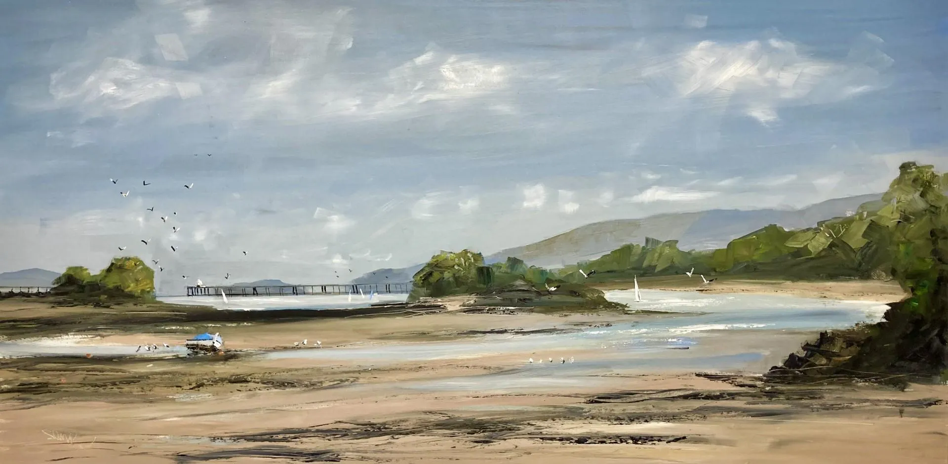 A painting of a sandy beach with the sea at the back with a pier and a sailing boat.