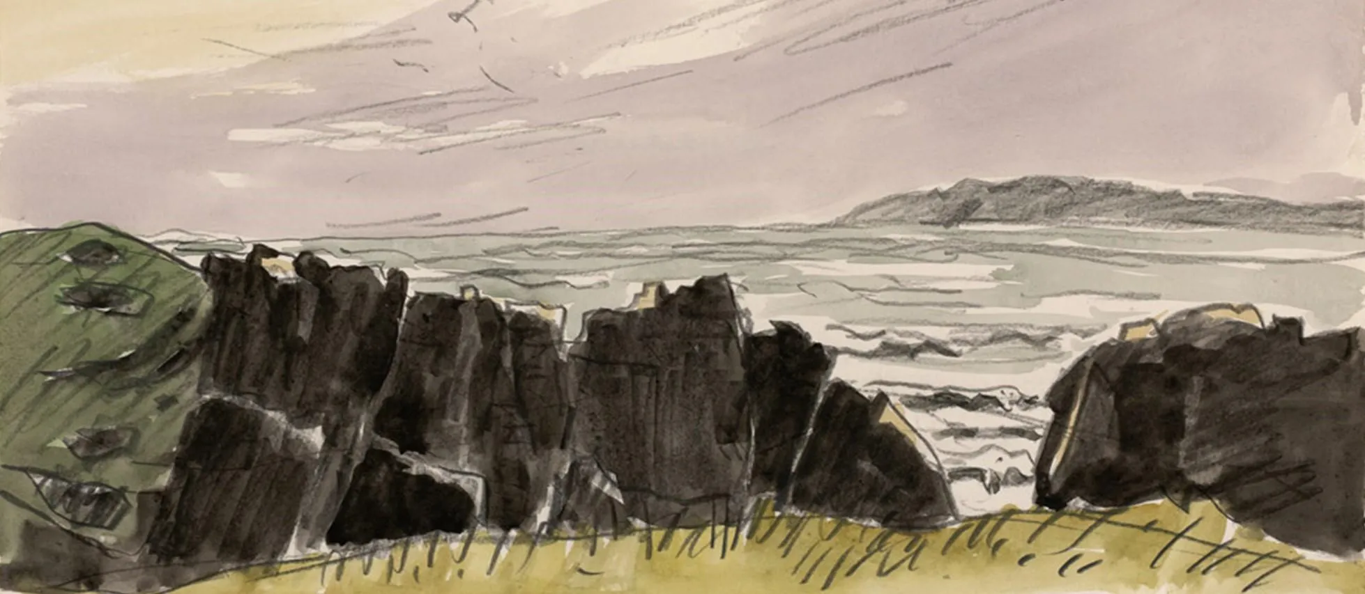Drawing by Kyffin Williams of the sea sitting on rocks.